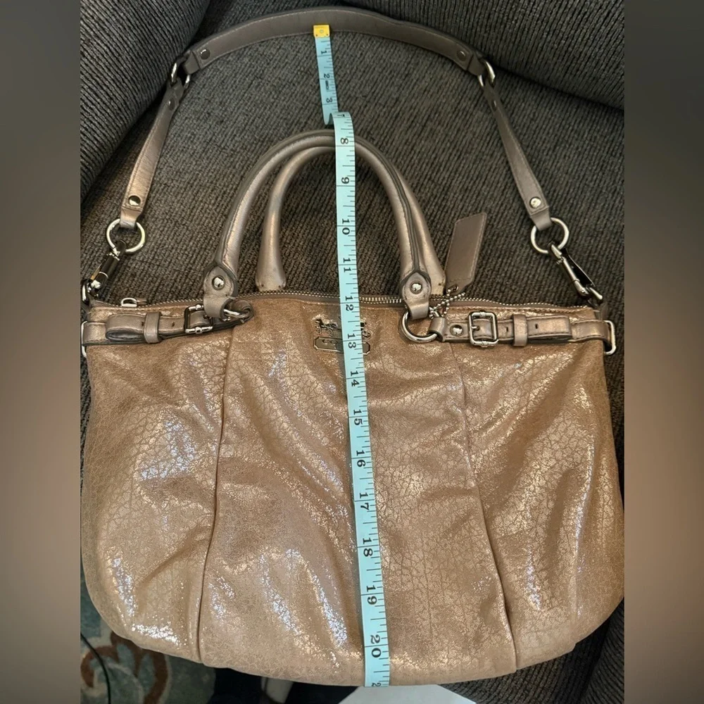 Coach Tan Metallic Madison Satchel with Double Handles and Detachable Strap